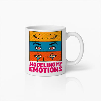 Modeling My Emotions Mok 330ml – Grappige Popart Koffiebeker, Kleurrijk Stripontwerp Cadeau voor Kunstenaars en Creatieve Geesten