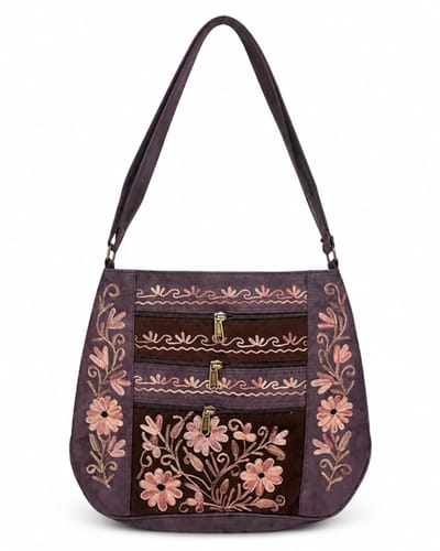 N3 Collecties Suede Geborduurde Handgemaakt Crossbody tas met Rits - Bruin /Zwart