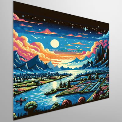 Pixel art landschap schilderij | Dromerige pixelwereld: een digitaal landschap vol artistieke schoonheid | Kunst - 100x100 centimeter op Dibond | Foto op Dibond