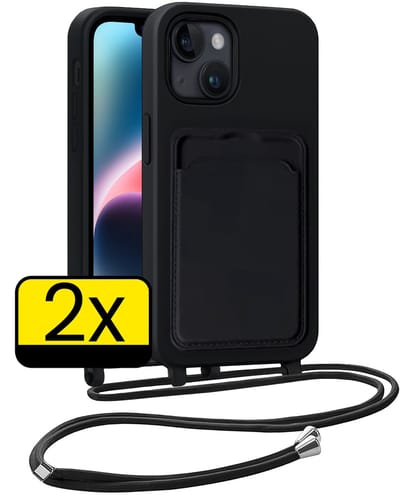 Hoesje Geschikt voor iPhone 13 Telefoonhoesje Met Koord Case Pashouder Siliconen - Hoes Geschikt voor iPhone 13 Hoesje Met Kaarthouder - Zwart - 2 Stuks