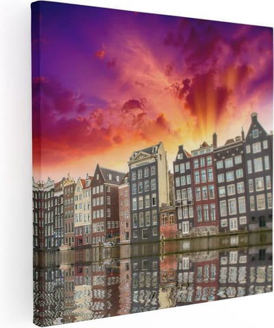 Artaza Canvas Schilderij Grachtenpanden - 30x30 cm - Klein - Wanddecoratie Amsterdam - Muurdecoratie Zonsondergang - Kamer Accessoires