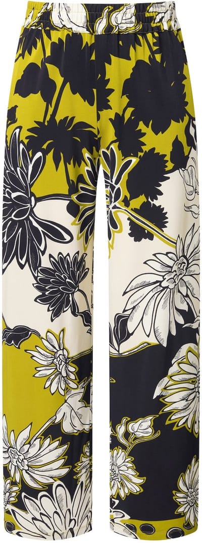 Ulla Popken - Dames - Slinky broek van piqué bloemen wijde pijpen - Mosterdgroen - Maat 58+