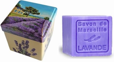 Metalen zeepblik vierkant met opdruk Vue Provence met zeepblok Lavendel – Vintage voorraadblik – Franse handzeep – Marseille zeep Marseillezeep