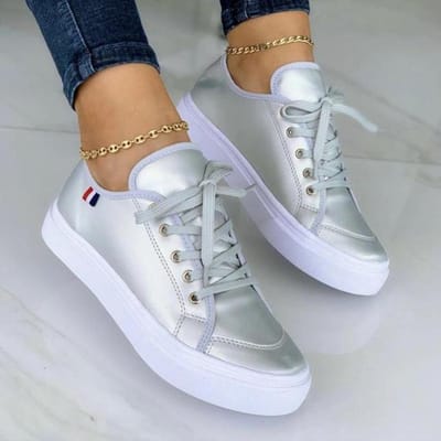 Baskets Décontractées Femme Chaussures Vulcanisées Lacets Femme Tenis Plateforme Chaussures de Skateboard Chaussures Blanches Pour Femmes Zapatos Mujer 36 argenté