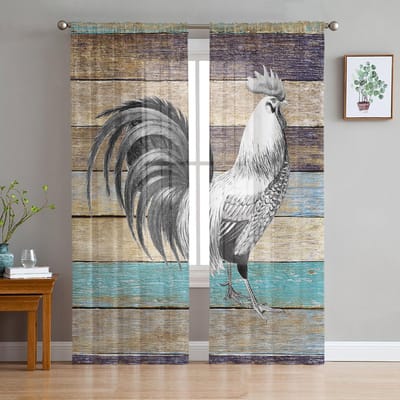 Boerderijdier Haan Houtnerf Transparante Gordijnen voor Woonkamerdecoratie Raamgordijnen Keuken Tule Voile Organza Gordijnen W135 x H185cm x1