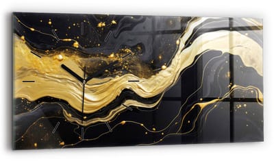 Wallfluent Wandklok - Gouden marmer Klok met Afbeelding - 60 cm x 30 cm - Gouden Wandklok - Zwarte Handen - Wandklok Zonder Cijfers - Kinder Wandklok Glas - Glazen Klok Rechthoekige - Industrieel Wandklok - Unieke Wandklok