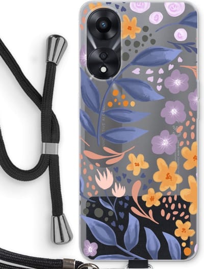 Case Company® - Hoesje met koord geschikt voor Oppo A78 5G hoesje met Koord - Flowers with blue leaves - Telefoonhoesje met Zwart Koord - Bescherming aan alle Kanten en Over de Schermrand