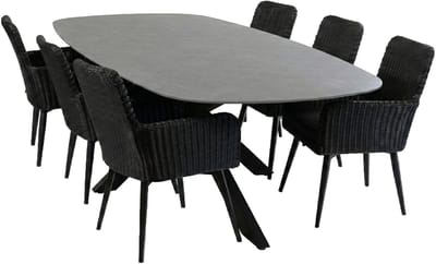 7-delige tuinset | 6 Pisa stoelen (Black) | Tuintafel Barletta 240x115cm (Desert Pearl/Black)