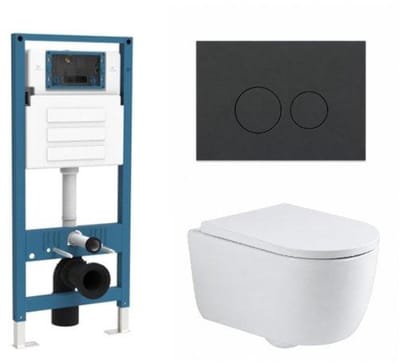 QeramiQ Dely Swirl Toiletset - inbouwreservoir Qeramiq Flush - 35mm zitting - kunststof mat antraciete bedieningsplaat - ronde knoppen - glans wit