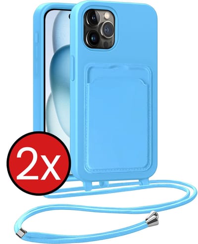 Hoesje Geschikt voor iPhone 14 Pro Max Hoesje Met Telefoonkoord en Pasjeshouder Siliconen - Hoes Geschikt voor iPhone 14 Pro Max Hoesje Met Kaarthouder Case - Lichtblauw - 2 PACK