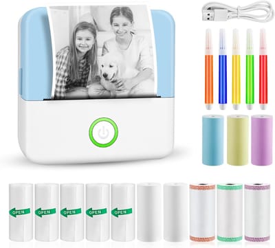 TIM® Mini Printer Papier - Mini Printer voor Mobiel - Pocket Printer - Mobiele Fotoprinter - Inclusief 13 Rollen Papier (Sticker, Normaal & Kleur) + 6 Pennen - Blauw - 5cm x 9cm x 9cm