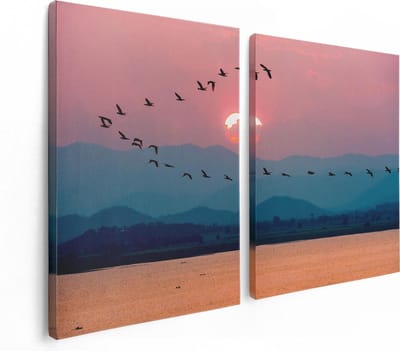 Artaza Canvas Schilderij Tweeluik Silhouet Van Zwerm Vogels Bij Zonsondergang - 120x80 - Foto Op Canvas - Canvas Print