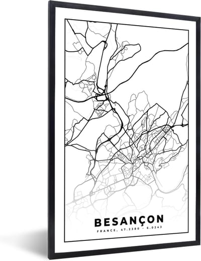 Fotolijst incl. Poster Zwart Wit- Stadskaart - Frankrijk - Kaart - Besançon - Plattegrond - Zwart wit - 40x60 cm - Posterlijst