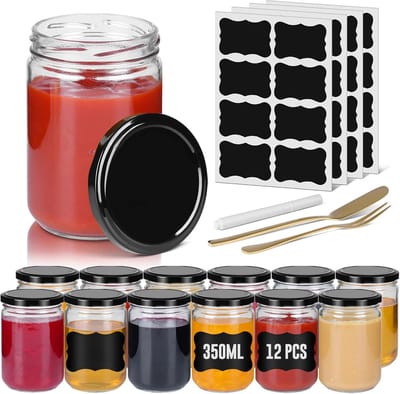 NAIZY Inmaakpotjes 12 stuks set Mason Jar Ronde jampotjes met metalen deksel 350ml Mini luchtdichte potjes Transparante inmaakpotjes voor honing, kruiden, jam (zwart)