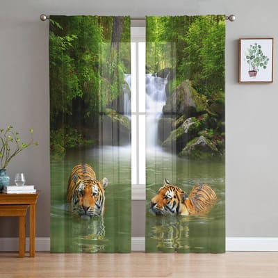 Jungle Wilde Dieren Tijger Rivier Transparante Gordijnen voor Woonkamer Decoratie Raamgordijnen voor Keuken Tule Voile Organza Gordijnen W135 x H115cm x1 black