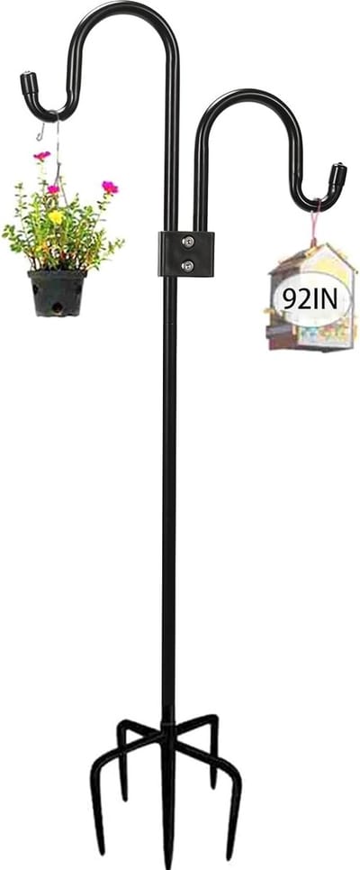 Tuinherdershaak, 234 cm, dubbele haak met 5 prong Base Shepherds Crook Hook Hook voor zonnelampen, plantenmanden, lantaarns, vogelhuisjes