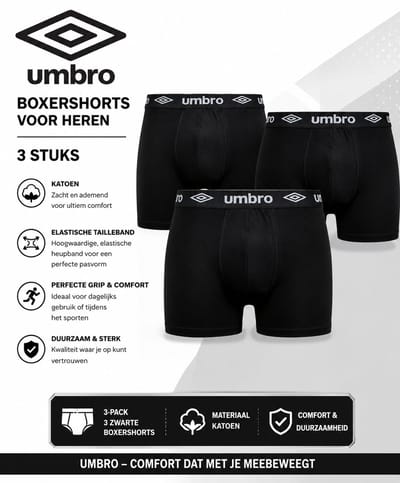 UMBRO - Onderbroek voor Mannen - Boxershorts ( 3 stuks ) Zwart - Maat XL