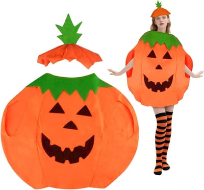 Grappig pompoenkostuum voor volwassenen met hoed, perfect voor Halloween, carnaval en feesten, oranje spookcape poncho