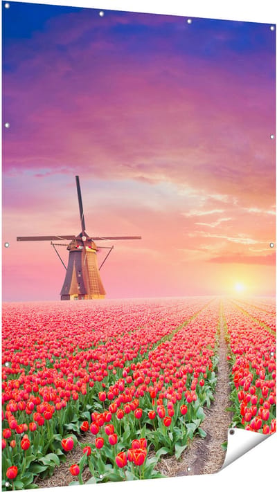 Gards Tuinposter Rode Rozen Bloemenveld met een Windmolen - 120x180 cm - Tuindoek - Tuindecoratie - Wanddecoratie buiten - Tuinschilderij