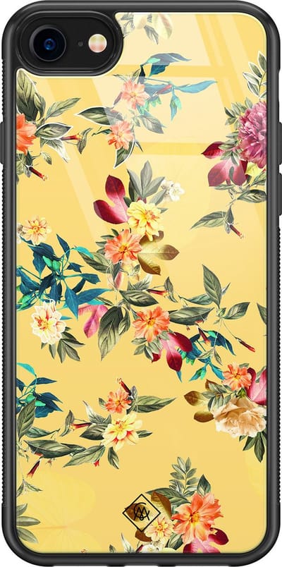 Casimoda® hoesje - Geschikt voor iPhone SE (2020) - Bloemen geel flowers - Luxe Hard Case Zwart - Backcover telefoonhoesje - Geel