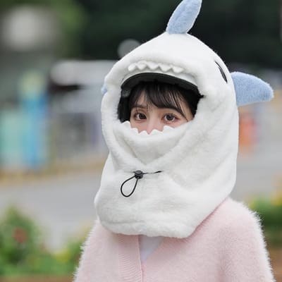 Couvre-ski Protection des oreilles Cache-visage Bonnet pull Chaud Placage Dessin animé Requin Cyclisme Mignon Chapeau de casque de neige white