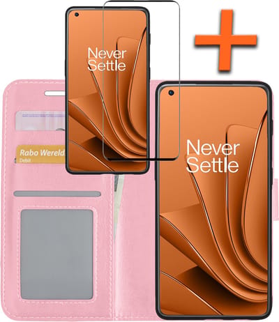 Hoes - Met Screenprotector - Geschikt voor OnePlus 10 Pro - Luxe Pasjeshouder - Bookcase Portemonee - Flip Case - Kunstleer Book Case - Flipcase - Book Cover - Walletcase - PortemonneeHoes - Lichtroze