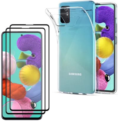 Hoesje Ultraslank geschikt voor Galaxy a51 backcover siliconen Transparant en 2 stuks ScreenProtector Gehard Glas met zwarte randen