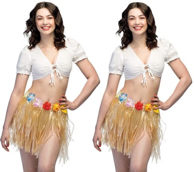 Boland Hawaii verkleed rokje - 2x - dames - naturel - hoela rokje - tropisch - kort 45 cm - verkleedkleding