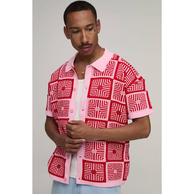 Ontspannen Gehaakte Tapijt Gebreid Overhemd | Pink | Size Small