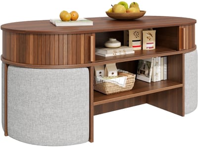 Ovale Salontafel met Krukjes - Walnoot Salontafel met Opbergruimte - Schuifdeuren en Verticale Groeven - Woonkamer