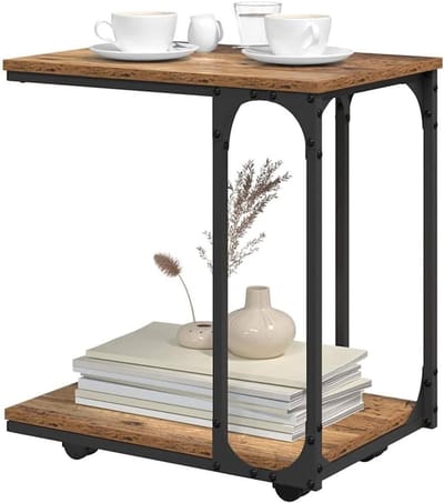 Bijzettafel met plank - C-vormige tafel - Woonkamer inrichten - Met wielen - 50x35x55.5 cm - Oudhout