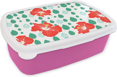 Broodtrommel Roze - Lunchbox - Brooddoos - Hibiscus - Patronen - Hawaii - Bladeren - Bloem - 18x12x6 cm - Kinderen - Meisje