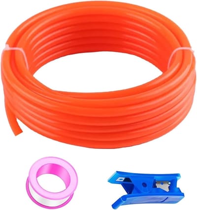 Pneumatische slang van polyurethaan in oranje, 20 m lang, 6 mm buiten, 4 mm binnen, inclusief buissnijder en teflonband voor persluchttoepassingen