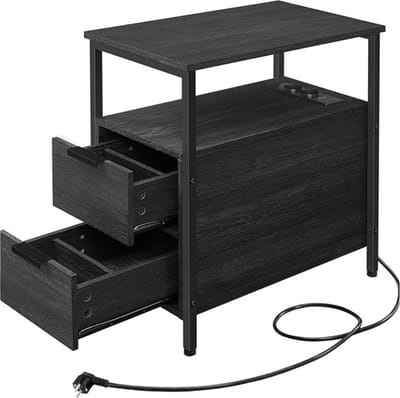 MIRA Home - Bijzettafel - Nachtkastje - Stekker - Slaapkamer - Zwart - 60x35x61
