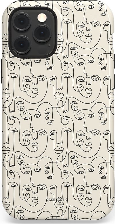 Casetastic hoesje geschikt voor Apple iPhone 12 / Apple iPhone 12 Pro - MagSafe - Dubbellaagse bescherming - Art Deco Creme Abstractie Lijntekening Gezichten - Fashion Case - Zilver Crème Wit
