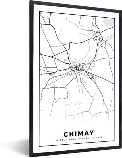 Fotolijst incl. Poster Zwart Wit- België – Chimay – Stadskaart – Kaart – Zwart Wit – Plattegrond - 40x60 cm - Posterlijst