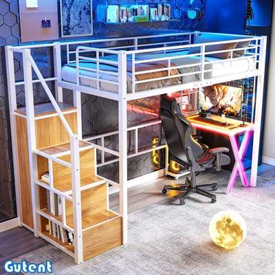 Gutent Hoogslaper（Geen stoelen） - 90*200 cm - met LED verlichting, opbergladder, bureau, kleerkast - Zonder matras - Wit