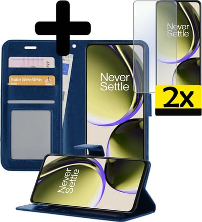 Hoesje - Met 2x Screenprotector - Geschikt voor OnePlus Nord CE 3 Lite - Luxe Pasjeshouder - Bookcase Portemonee - Flip Case - Kunstleer Book Case - Flipcase Hoes - Book Cover - Walletcase - Portemonneehoes - Telefoonhoesjes - Donkerblauw
