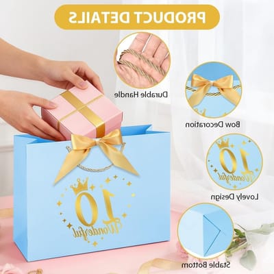 Verjaardagstas blauw met strik en draaggreep, 28 x 20 x 10 cm, inclusief cadeaupapier en wenskaart voor feesten en bruiloften