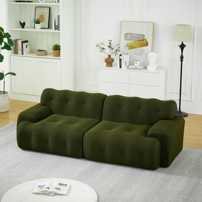 Extra Grote Tweezitsbank, Cloud Sofa– Brede Armleuningen en Modern Design met Knoopdetails, Gebogen Bank, Geschikt voor Woonkamers en Appartementen, Geen Montage Nodig--Groente