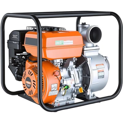 Pompe à eau à essence, 101,6 mm, 422 GPM 8,3 CV Pompe de transfert d'eau semi-salissures Portable, Moteur à essence avec tuyau de refoulement de 7,62 m, Châssis robuste,