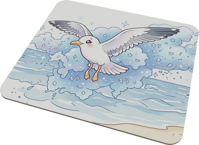 Kawaii Zeemeeuw Muismat - Schattige vogel Mousepad Zee - Strand en Oceaan Design - Japanse Glitter Stijl - Cadeau voor haar: Vriendin & Collega - Blauwe Golven Bureau Accessoire - Zomerse Dier Illustratie - Mouse Pad Anime