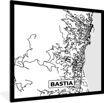Fotolijst incl. Poster Zwart Wit- Frankrijk – Kaart – Plattegrond – Stadskaart - Bastia - Zwart wit - 40x40 cm - Posterlijst