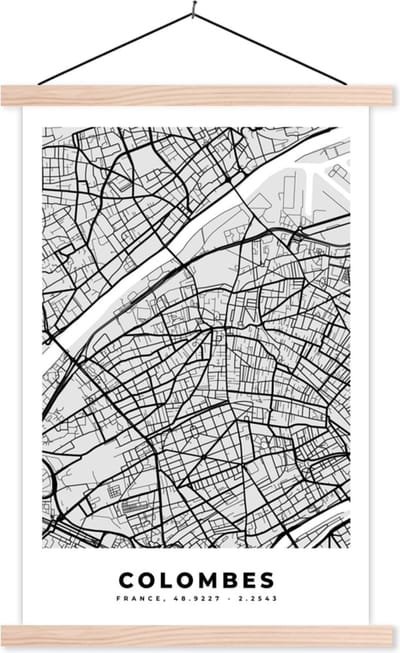 Posterhanger incl. Poster 40x60 cm - Schoolplaat - Frankrijk - Colombes - Stadskaart - Plattegrond - Kaart - Textielposter - Blanke latten - Stadskaart