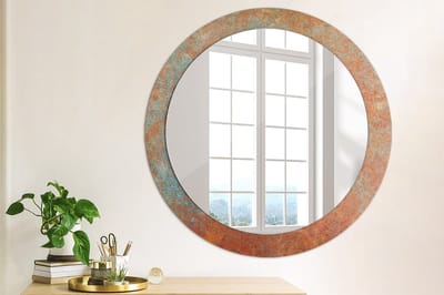 Wallfluent Bedrukte Ronde Spiegel - Ronde Wandspiegel Met Print Roestig Metaal - 80 cm / 66 cm - Oranje - Oranje Ronde Wandspiegel Decoratieve Print - Woonkamerspiegel - Inloopkastspiegel - Hal - Montageset