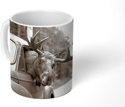 Mok - Koffiemok - Eland - Auto - Gewei - Zwart - Wit - Mokken - 350 ML - Beker - Koffiemokken - Theemok