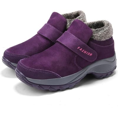 Bottines pour femmes en cuir suédé, doublées en peluche pour l'hiver, chaussures de marche d'extérieur, chaussures de randonnée à scratch pour femmes, bottes classiques unies en coton 36 violet