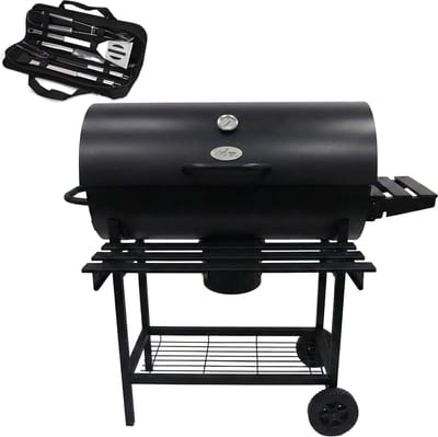Alora Houtskool Barbecue - Inclusief Spatelset - Geïntegreerde Thermometer, Warmhoudrek, Asopvangbak & Zijtafel - BBQ op Wielen - met Deksel - Zwart