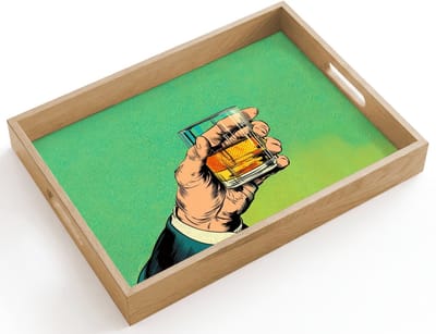Dienblad hout 40x30 cm - Schootdienblad - Whisky - Glas - Hand - Groen - Borrelplank rechthoek - Plateau dienbladen