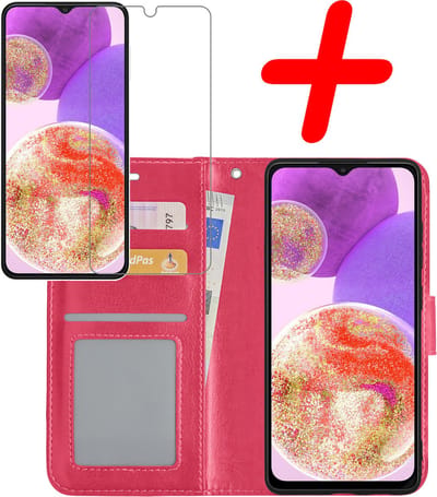 Hoesje Met Screenprotector - Geschikt voor Samsung Galaxy A23 - Luxe Pasjeshouder - Bookcase Portemonee - Flip Case - Kunstleer Book Case - Flipcase - Book Cover - Walletcase - Portemonneehoes - Donkerroze